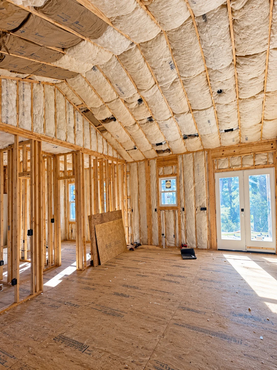 Insulated vaulted ceiling and wood-framed walls